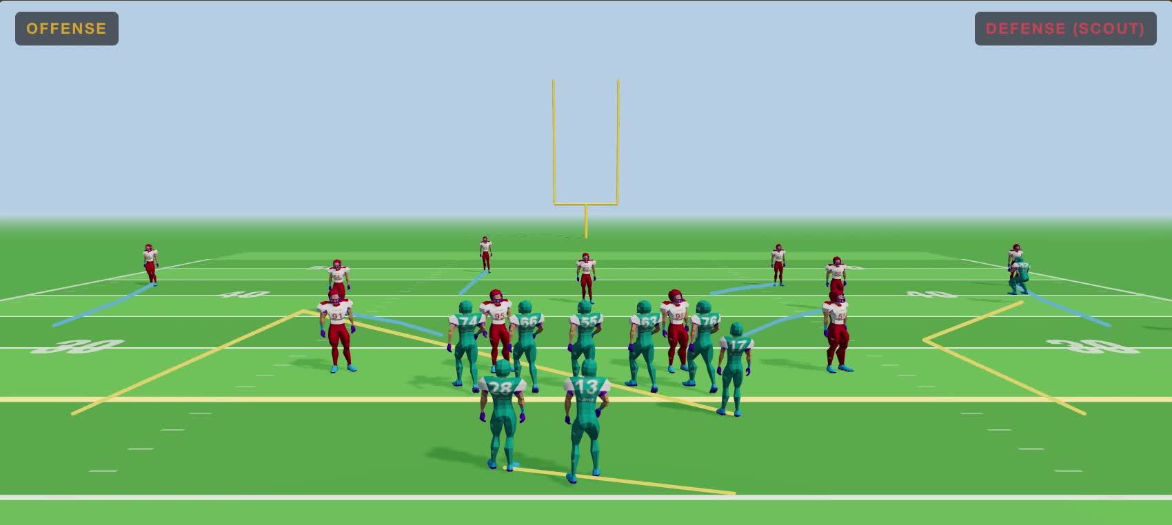 The Coaches Box 3D scout-team simulator: an offense and scout-team defense lined up on a full 3D field
